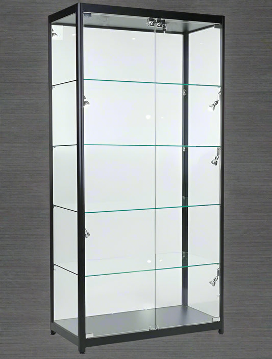 Glass display showcase LED tower with aluminum frame 

Retail glass cabinet with LED lighting and shelves

5-shelf glass tower showcase with lockable doors