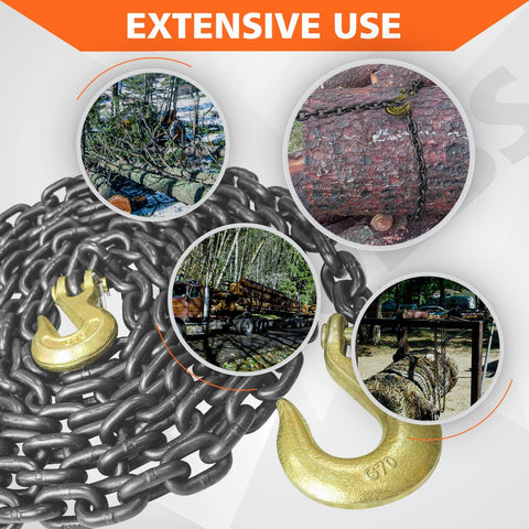 New Grade 80 Tow & Recovery Chain with Grab Hook – 5/16″ x 14FT, 3/8″ x 15FT, 1/2″ x 15FT Options - with 5/16″ x 14 ft: WLL Capacity 4444 lbs | Sold by Uncle Wiener's Wholesale