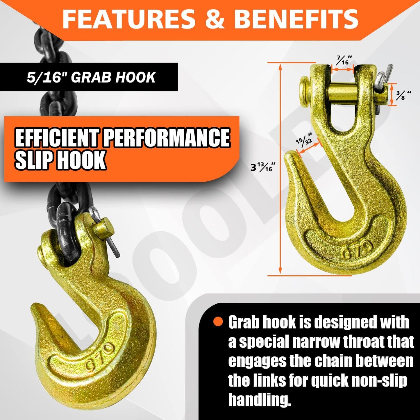New Grade 80 Tow & Recovery Chain with Grab Hook – 5/16″ x 14FT, 3/8″ x 15FT, 1/2″ x 15FT Options - with 5/16″ x 14 ft: WLL Capacity 4444 lbs | Sold by Uncle Wiener's Wholesale