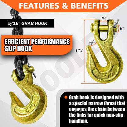 New Grade 80 Tow & Recovery Chain with Grab Hook – 5/16″ x 14FT, 3/8″ x 15FT, 1/2″ x 15FT Options - with 5/16″ x 14 ft: WLL Capacity 4444 lbs | Sold by Uncle Wiener's Wholesale