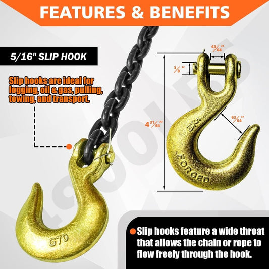 New Grade 80 Tow & Recovery Chain with Grab Hook – 5/16″ x 14FT, 3/8″ x 15FT, 1/2″ x 15FT Options - with 5/16″ x 14 ft: WLL Capacity 4444 lbs | Sold by Uncle Wiener's Wholesale
