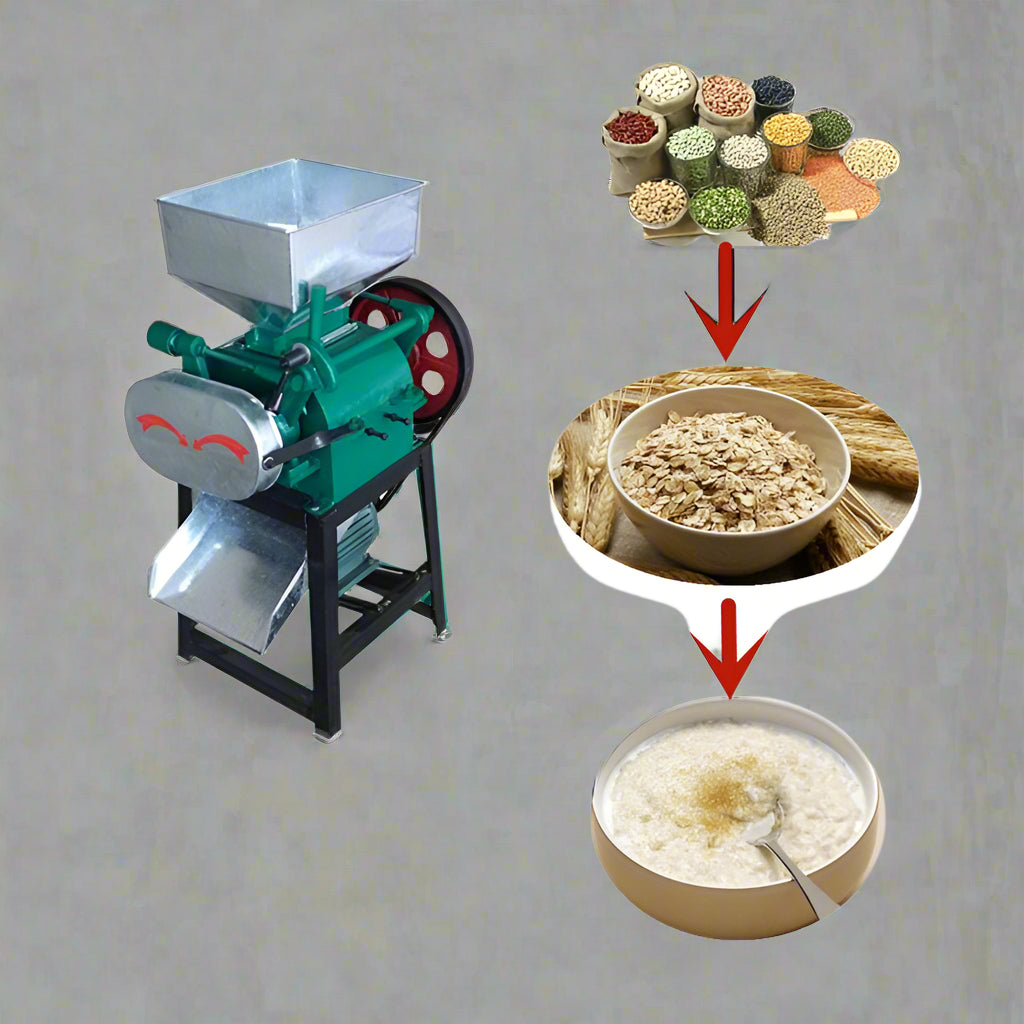 Heavy-duty grain milling machine with hopper and roller
Industrial grain roller for feed and brewing use
750 lbs/hour grain processing equipment with green body
Grain flattener roller mill with durable steel construction