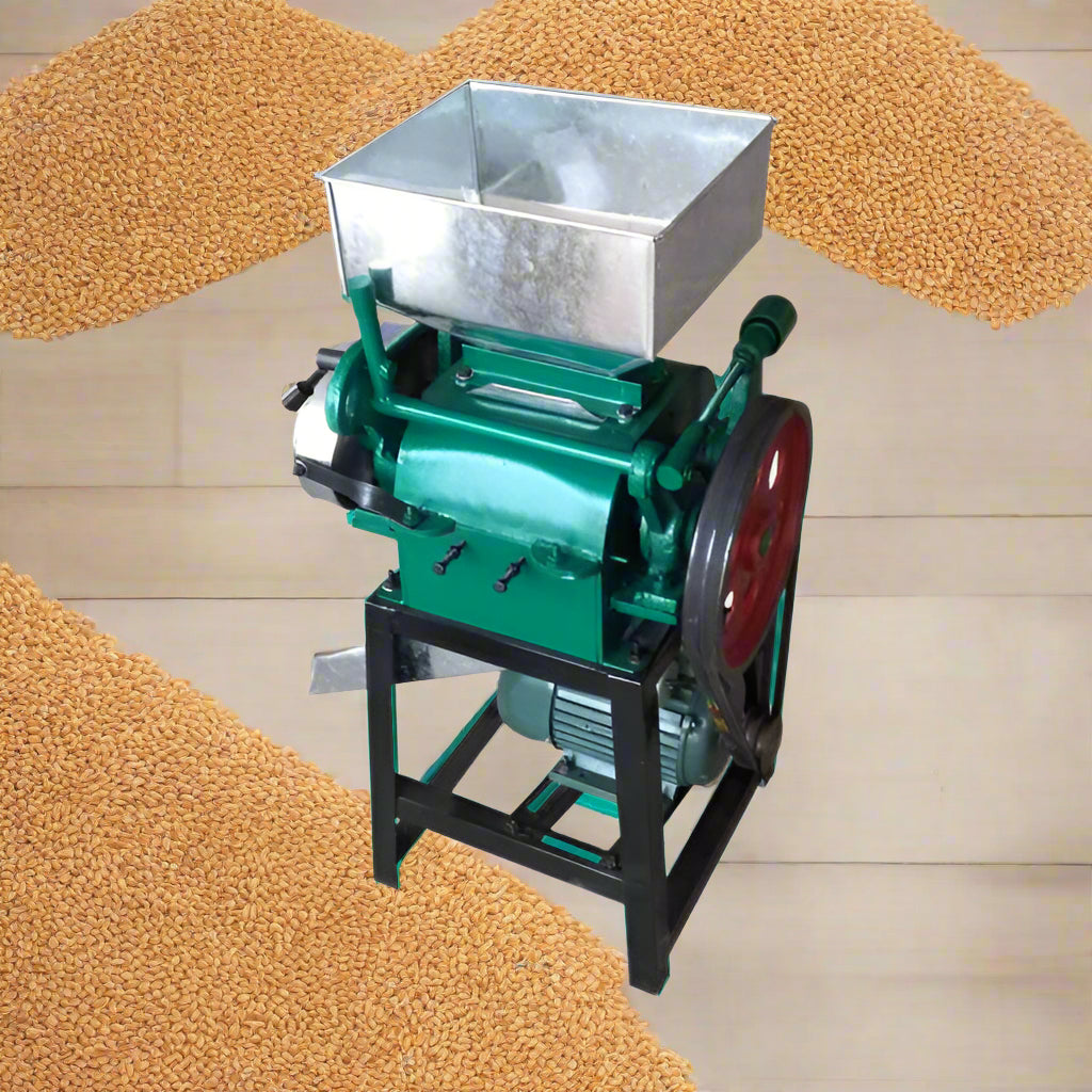 Heavy-duty grain milling machine with hopper and roller
Industrial grain roller for feed and brewing use
750 lbs/hour grain processing equipment with green body
Grain flattener roller mill with durable steel construction