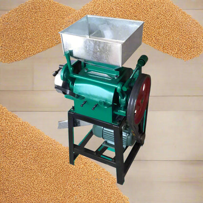 Heavy-duty grain milling machine with hopper and roller
Industrial grain roller for feed and brewing use
750 lbs/hour grain processing equipment with green body
Grain flattener roller mill with durable steel construction
