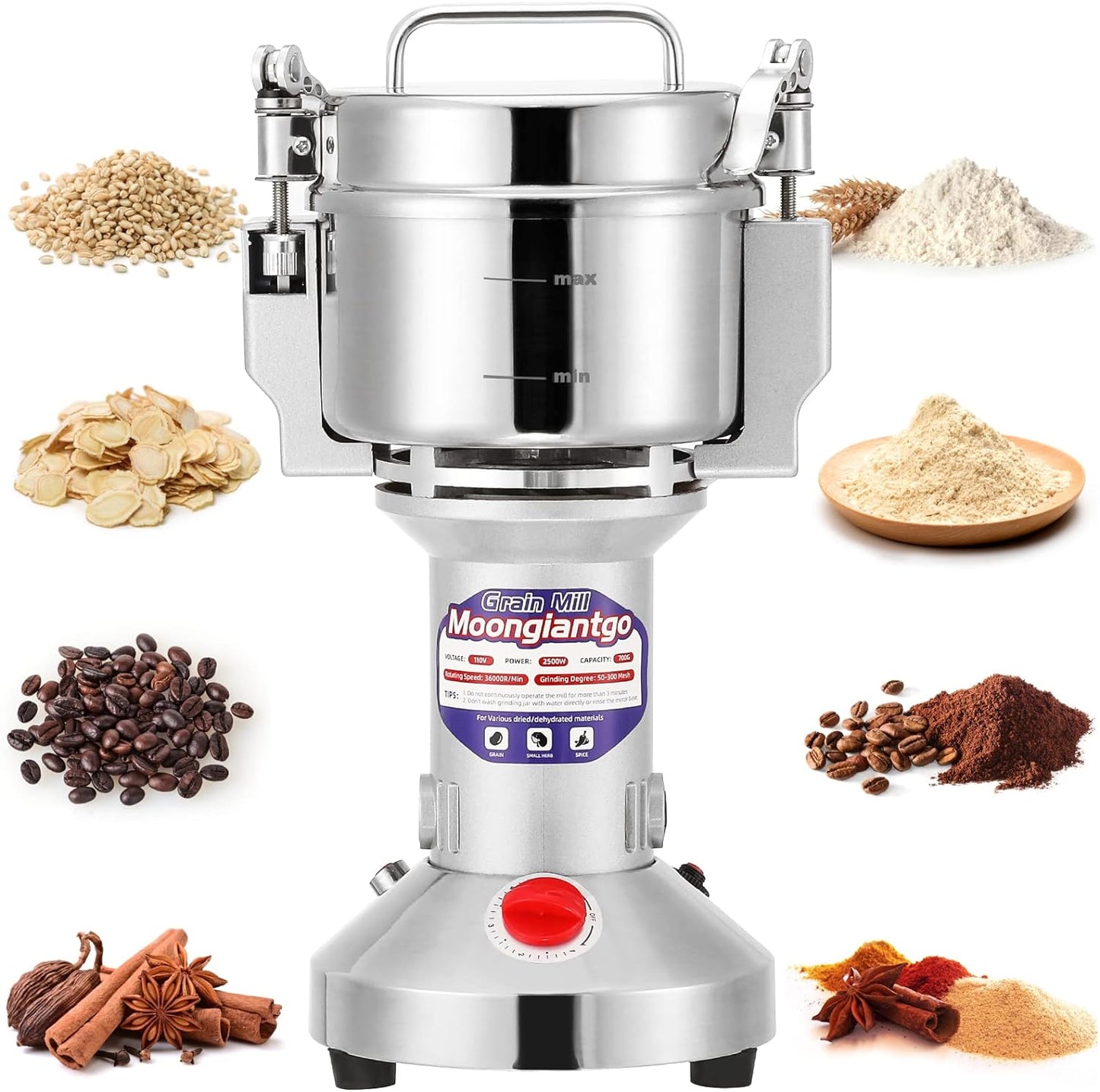 "700g electric stainless steel grain grinder with safety lid"

"High-speed commercial spice mill with overload protection"

"Herb and grain electric grinder for kitchen and lab use"