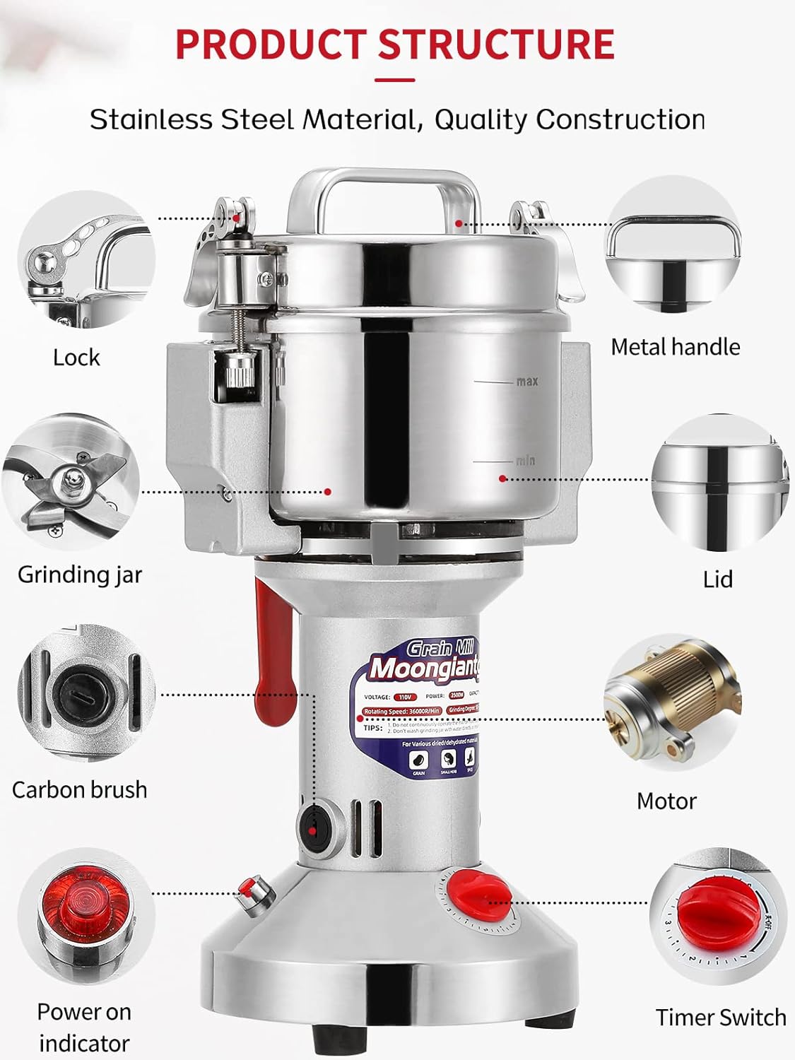 "700g electric stainless steel grain grinder with safety lid"

"High-speed commercial spice mill with overload protection"

"Herb and grain electric grinder for kitchen and lab use"