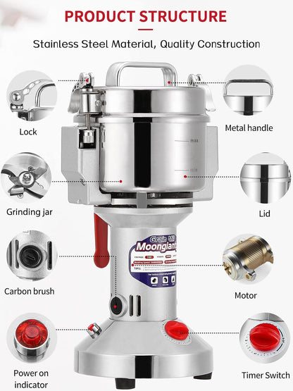 "700g electric stainless steel grain grinder with safety lid"

"High-speed commercial spice mill with overload protection"

"Herb and grain electric grinder for kitchen and lab use"