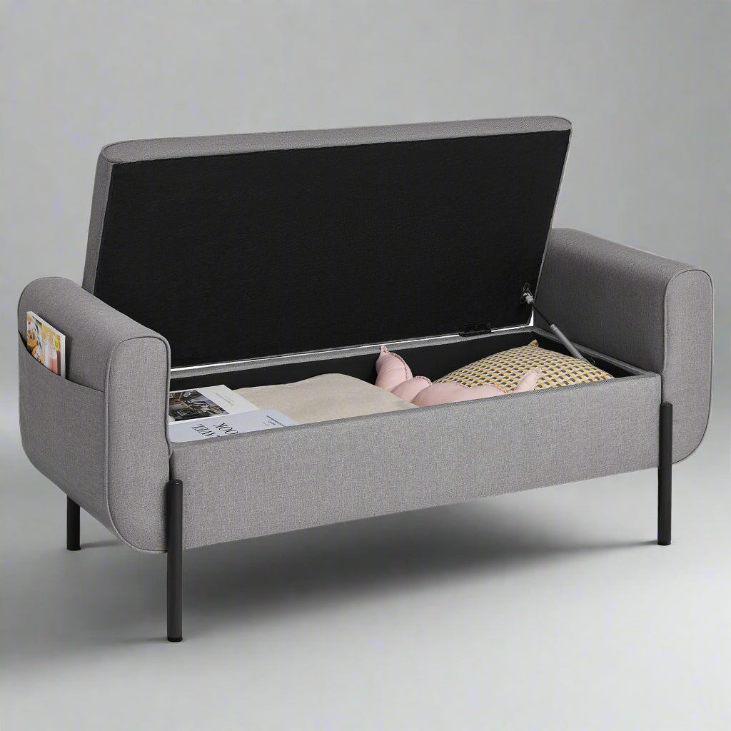 "Modern gray storage ottoman bench with lift-top compartment and padded seat – bedroom or entryway furniture"