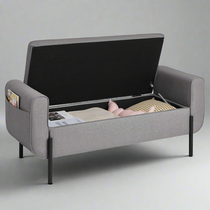 "Modern gray storage ottoman bench with lift-top compartment and padded seat – bedroom or entryway furniture"