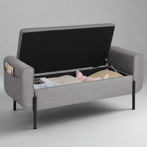 "Modern gray storage ottoman bench with lift-top compartment and padded seat – bedroom or entryway furniture"