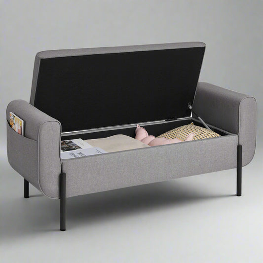 "Modern gray storage ottoman bench with lift-top compartment and padded seat – bedroom or entryway furniture"