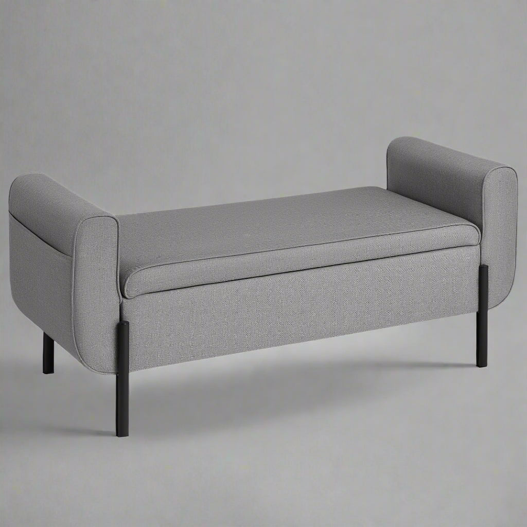 "Modern gray storage ottoman bench with lift-top compartment and padded seat – bedroom or entryway furniture"
