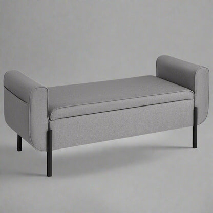 "Modern gray storage ottoman bench with lift-top compartment and padded seat – bedroom or entryway furniture"