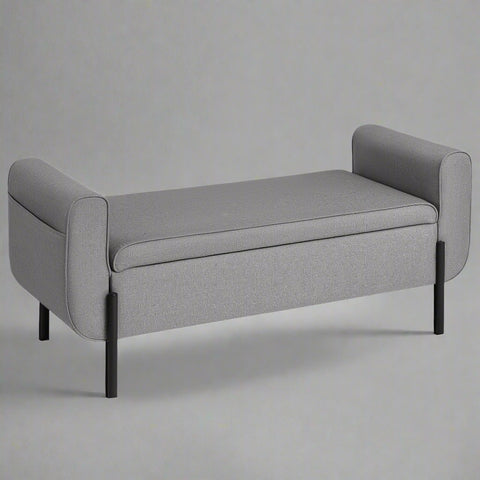 "Modern gray storage ottoman bench with lift-top compartment and padded seat – bedroom or entryway furniture"