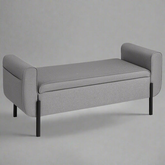 "Modern gray storage ottoman bench with lift-top compartment and padded seat – bedroom or entryway furniture"