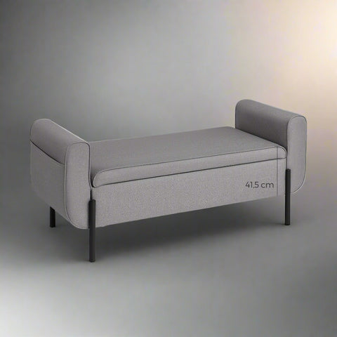 "Modern gray storage ottoman bench with lift-top compartment and padded seat – bedroom or entryway furniture"