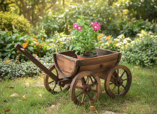 "Rustic wagon wheel planter with burnt wood finish"

"Half barrel garden planter with iron wheels"

"Country-style wooden flower pot for patios and balconies"

"Vintage decorative garden barrel planter WWP43"