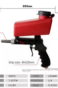 “Compact handheld mini sandblaster gun in red”

“Side view of sandblaster gun with ergonomic grip”

“Sandblaster nozzle kit included with S1118”

