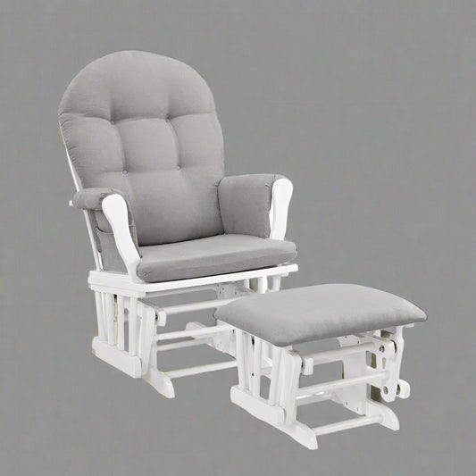 "Hardwood glider rocking chair with smooth motion and matching ottoman – nursery and living room chair set"