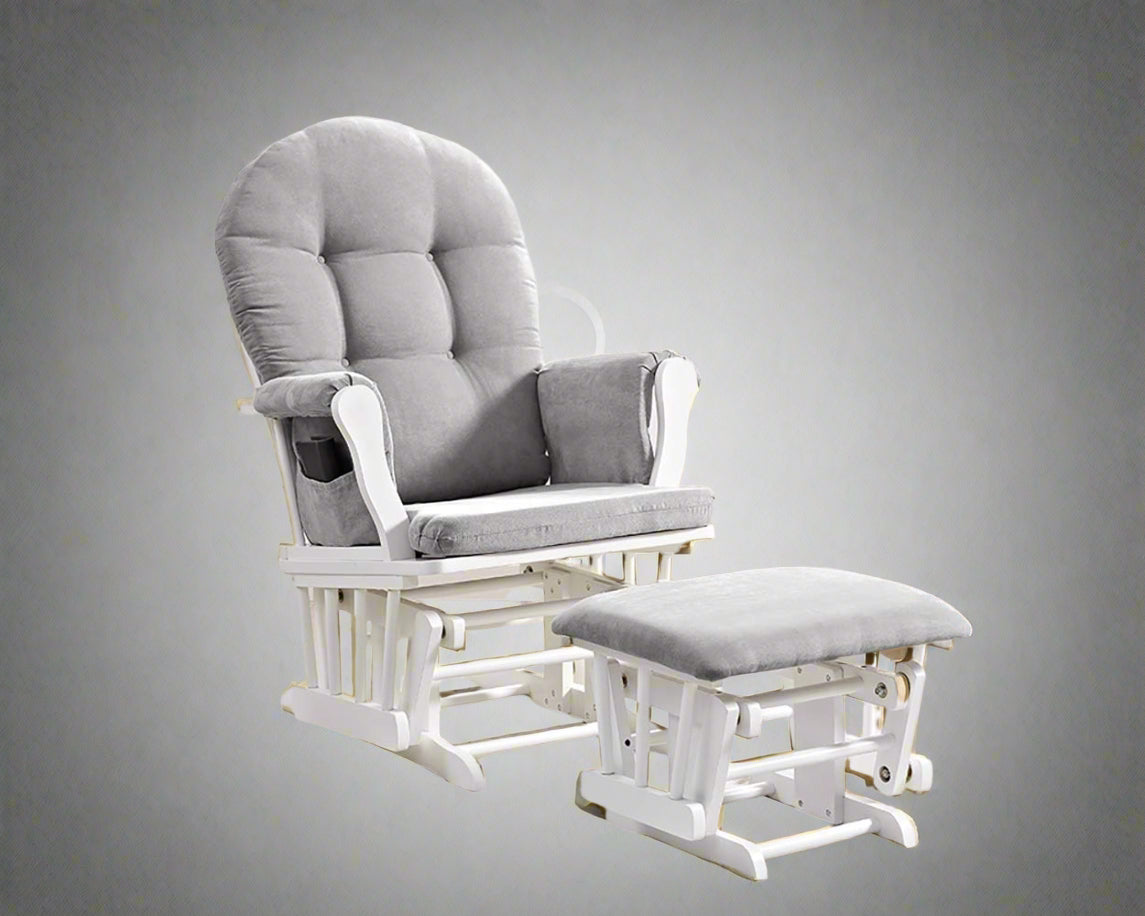 "Hardwood glider rocking chair with smooth motion and matching ottoman – nursery and living room chair set"