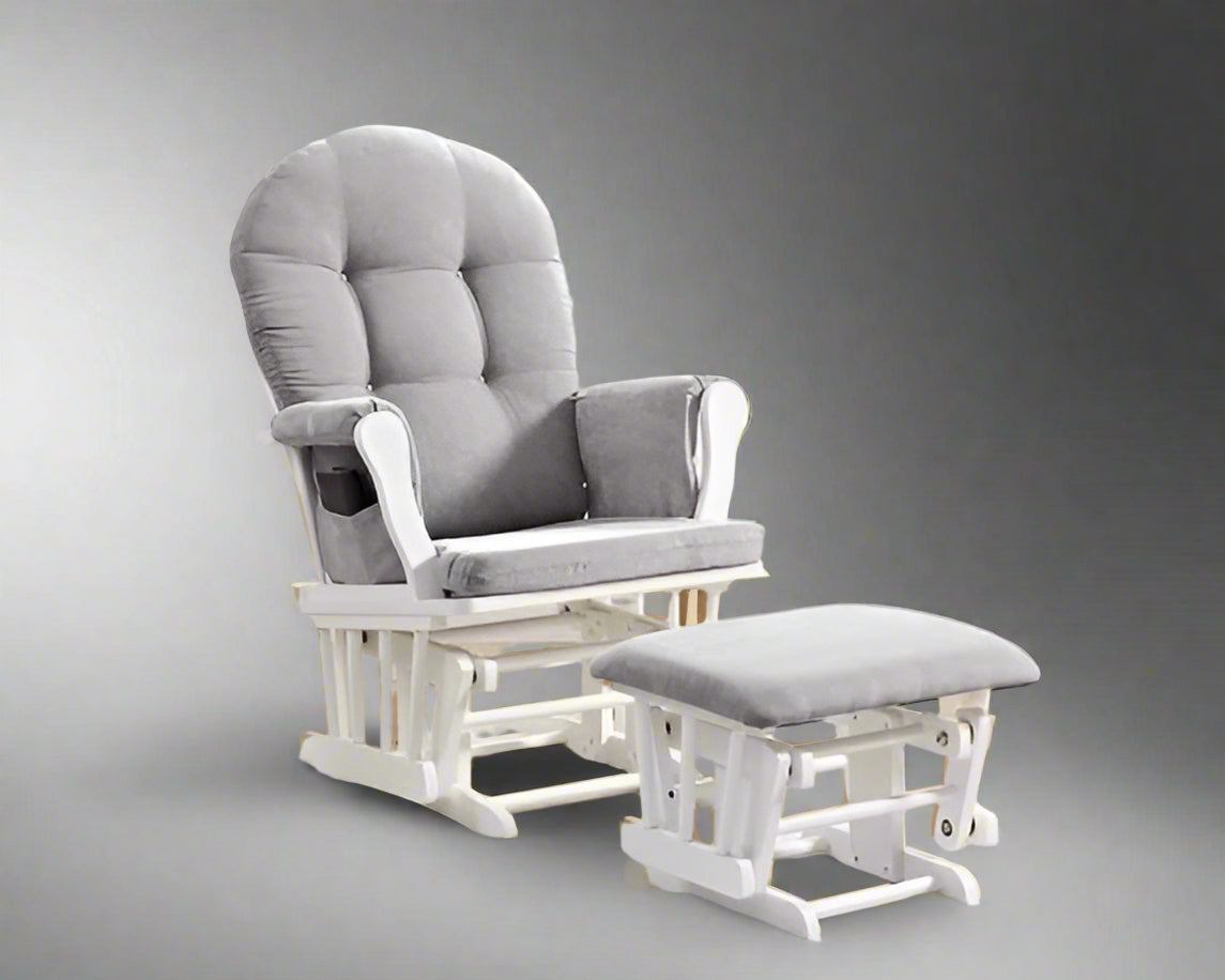 "Hardwood glider rocking chair with smooth motion and matching ottoman – nursery and living room chair set"