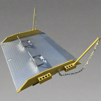 Heavy-duty steel loading dock ramp on warehouse floor

Industrial dock ramp with yellow safety rails

Forklift-ready steel dock board in use

Side view of 15,000 lb steel dock ramp

Loading dock ramp with chain attachment system