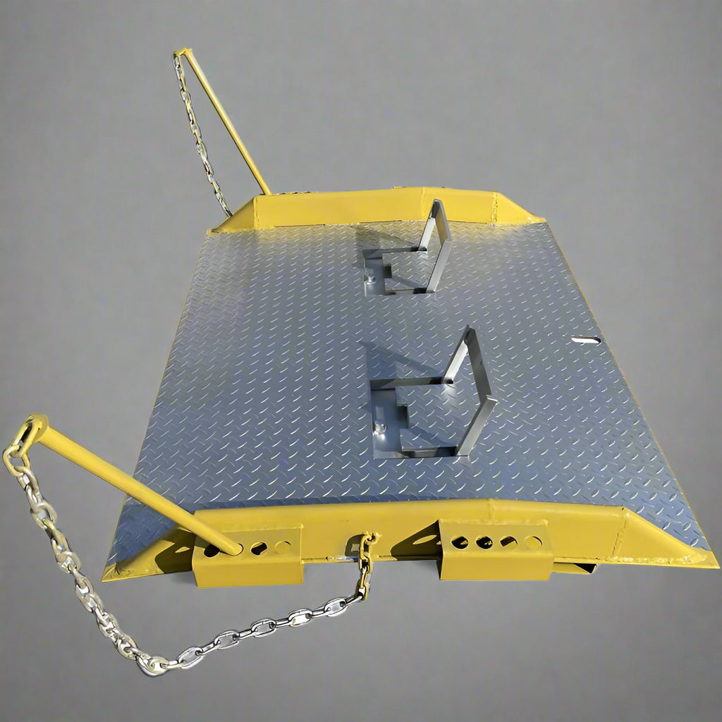 Heavy-duty steel loading dock ramp on warehouse floor

Industrial dock ramp with yellow safety rails

Forklift-ready steel dock board in use

Side view of 15,000 lb steel dock ramp

Loading dock ramp with chain attachment system