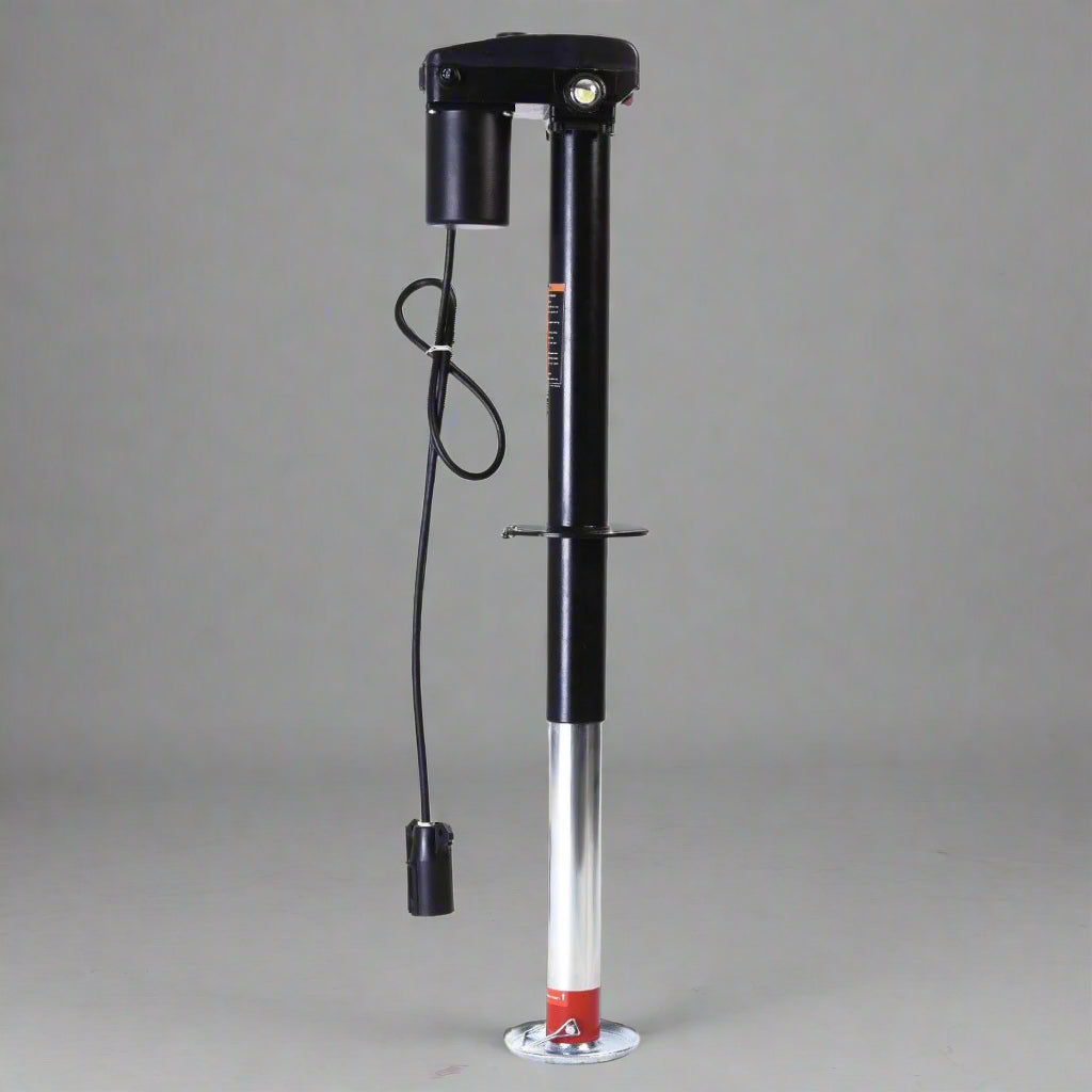 3500 lb 12V electric trailer tongue jack black finish
Heavy-duty RV jack with LED light and backup crank
Side view of 3-point hitch power tongue jack
Electric jack for camper trailer RV hitch mount