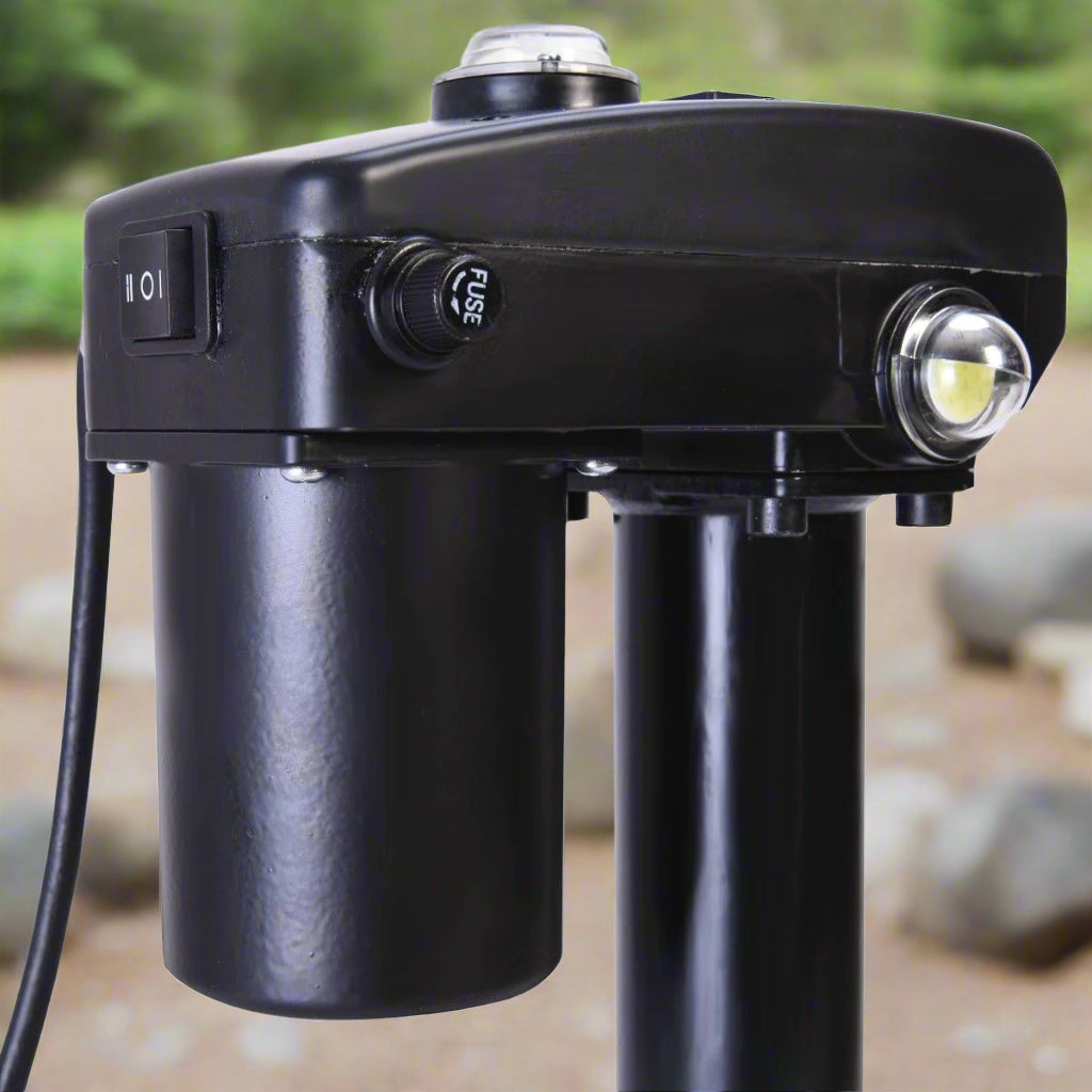 3500 lb 12V electric trailer tongue jack black finish
Heavy-duty RV jack with LED light and backup crank
Side view of 3-point hitch power tongue jack
Electric jack for camper trailer RV hitch mount