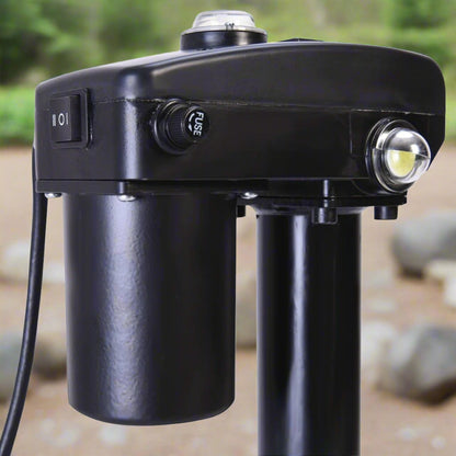 3500 lb 12V electric trailer tongue jack black finish
Heavy-duty RV jack with LED light and backup crank
Side view of 3-point hitch power tongue jack
Electric jack for camper trailer RV hitch mount