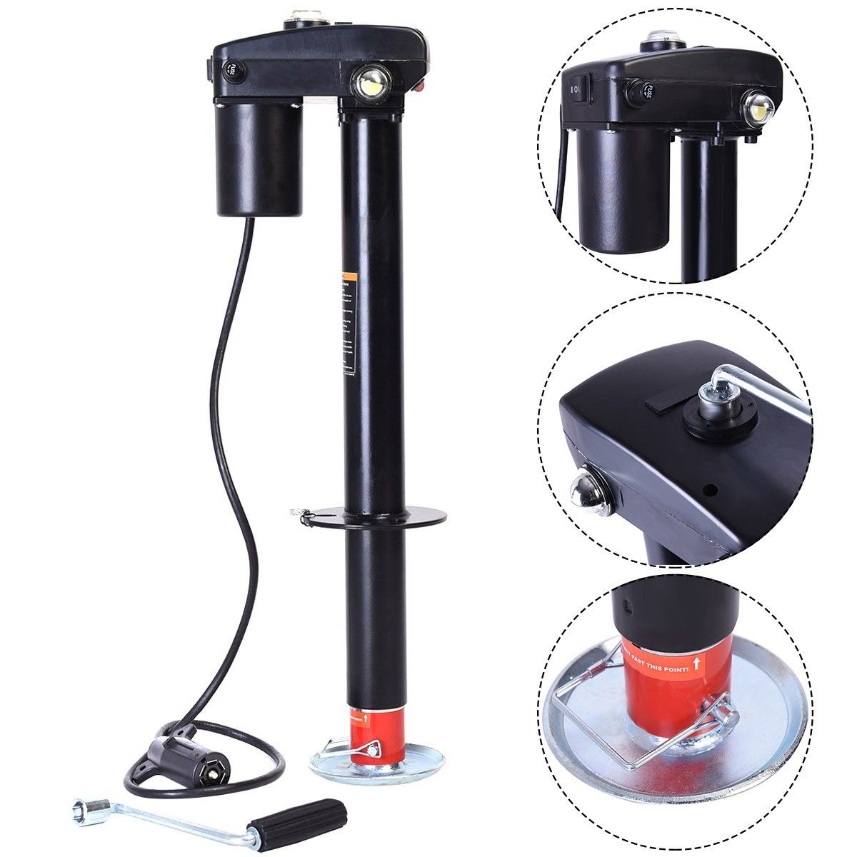 3500 lb 12V electric trailer tongue jack black finish
Heavy-duty RV jack with LED light and backup crank
Side view of 3-point hitch power tongue jack
Electric jack for camper trailer RV hitch mount