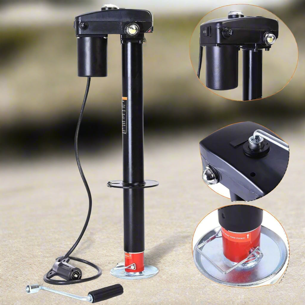 3500 lb 12V electric trailer tongue jack black finish
Heavy-duty RV jack with LED light and backup crank
Side view of 3-point hitch power tongue jack
Electric jack for camper trailer RV hitch mount