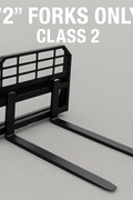 Heavy-duty skid steer pallet forks lifting a load

CNC carriage bar with quick attach mounting

Close-up of forks locked in carriage slots

Side step feature on fork frame

Variants of 48", 60", 72", and 96" forks shown on pallet