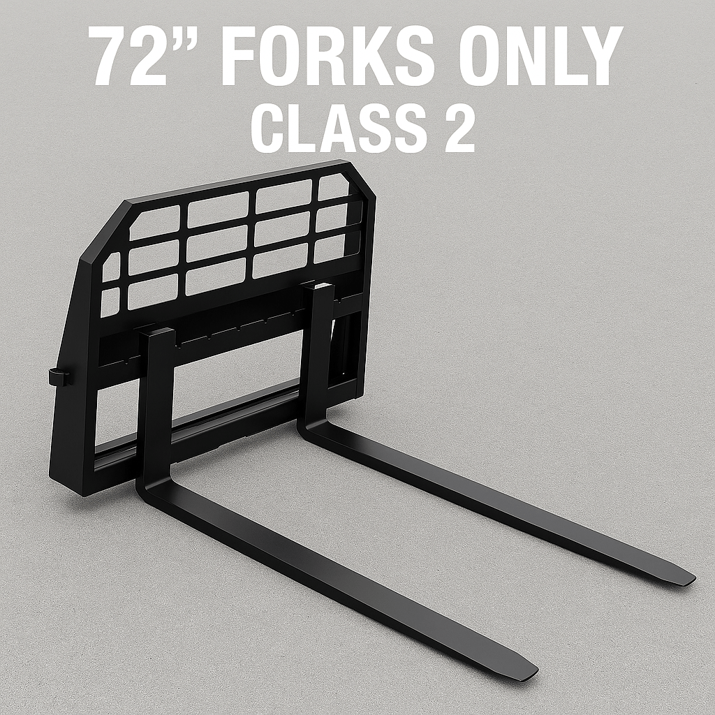 Heavy-duty skid steer pallet forks lifting a load

CNC carriage bar with quick attach mounting

Close-up of forks locked in carriage slots

Side step feature on fork frame

Variants of 48", 60", 72", and 96" forks shown on pallet