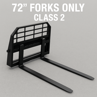 Heavy-duty skid steer pallet forks lifting a load

CNC carriage bar with quick attach mounting

Close-up of forks locked in carriage slots

Side step feature on fork frame

Variants of 48", 60", 72", and 96" forks shown on pallet