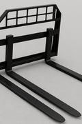 Heavy-duty skid steer pallet forks lifting a load

CNC carriage bar with quick attach mounting

Close-up of forks locked in carriage slots

Side step feature on fork frame

Variants of 48", 60", 72", and 96" forks shown on pallet
