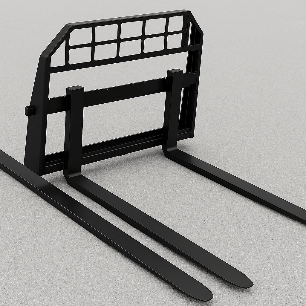 Heavy-duty skid steer pallet forks lifting a load

CNC carriage bar with quick attach mounting

Close-up of forks locked in carriage slots

Side step feature on fork frame

Variants of 48", 60", 72", and 96" forks shown on pallet