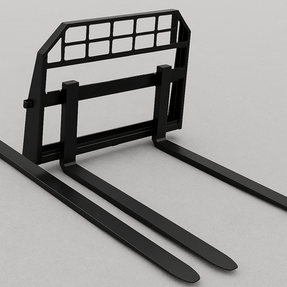 Heavy-duty skid steer pallet forks lifting a load

CNC carriage bar with quick attach mounting

Close-up of forks locked in carriage slots

Side step feature on fork frame

Variants of 48", 60", 72", and 96" forks shown on pallet