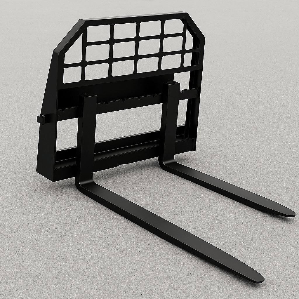 Heavy-duty skid steer pallet forks lifting a load

CNC carriage bar with quick attach mounting

Close-up of forks locked in carriage slots

Side step feature on fork frame

Variants of 48", 60", 72", and 96" forks shown on pallet