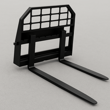 Heavy-duty skid steer pallet forks lifting a load

CNC carriage bar with quick attach mounting

Close-up of forks locked in carriage slots

Side step feature on fork frame

Variants of 48", 60", 72", and 96" forks shown on pallet