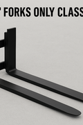 Heavy-duty skid steer pallet forks lifting a load

CNC carriage bar with quick attach mounting

Close-up of forks locked in carriage slots

Side step feature on fork frame

Variants of 48", 60", 72", and 96" forks shown on pallet