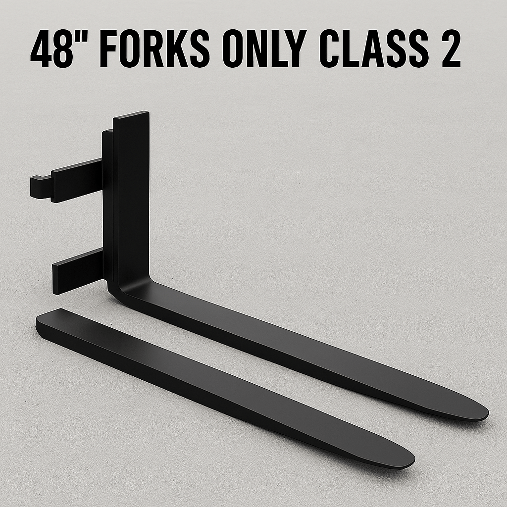 Heavy-duty skid steer pallet forks lifting a load

CNC carriage bar with quick attach mounting

Close-up of forks locked in carriage slots

Side step feature on fork frame

Variants of 48", 60", 72", and 96" forks shown on pallet