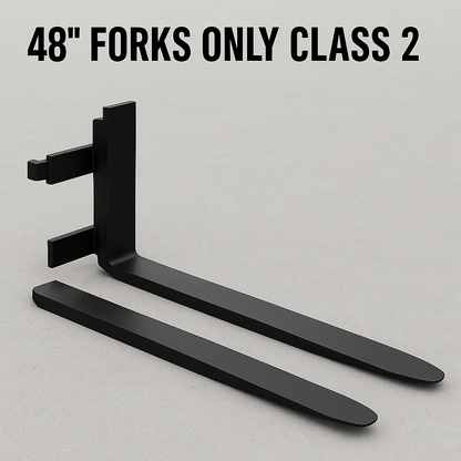 Heavy-duty skid steer pallet forks lifting a load

CNC carriage bar with quick attach mounting

Close-up of forks locked in carriage slots

Side step feature on fork frame

Variants of 48", 60", 72", and 96" forks shown on pallet