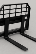Heavy-duty skid steer pallet forks lifting a load

CNC carriage bar with quick attach mounting

Close-up of forks locked in carriage slots

Side step feature on fork frame

Variants of 48", 60", 72", and 96" forks shown on pallet