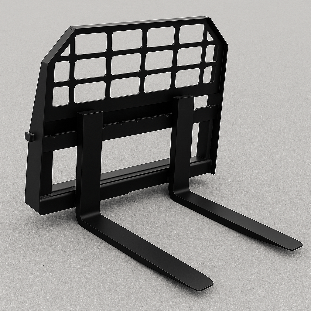 Heavy-duty skid steer pallet forks lifting a load

CNC carriage bar with quick attach mounting

Close-up of forks locked in carriage slots

Side step feature on fork frame

Variants of 48", 60", 72", and 96" forks shown on pallet