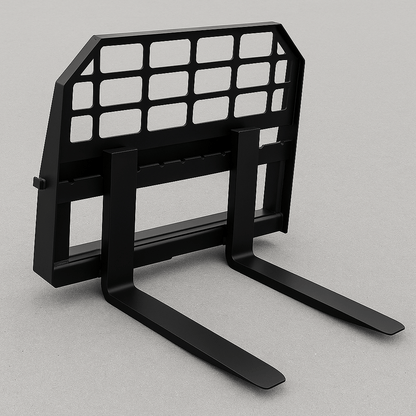 Heavy-duty skid steer pallet forks lifting a load

CNC carriage bar with quick attach mounting

Close-up of forks locked in carriage slots

Side step feature on fork frame

Variants of 48", 60", 72", and 96" forks shown on pallet