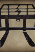 Heavy-duty skid steer pallet forks lifting a load

CNC carriage bar with quick attach mounting

Close-up of forks locked in carriage slots

Side step feature on fork frame

Variants of 48", 60", 72", and 96" forks shown on pallet