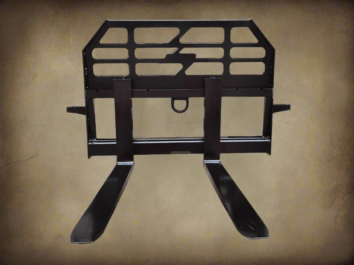 Heavy-duty skid steer pallet forks lifting a load

CNC carriage bar with quick attach mounting

Close-up of forks locked in carriage slots

Side step feature on fork frame

Variants of 48", 60", 72", and 96" forks shown on pallet