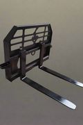 Heavy-duty skid steer pallet forks lifting a load

CNC carriage bar with quick attach mounting

Close-up of forks locked in carriage slots

Side step feature on fork frame

Variants of 48", 60", 72", and 96" forks shown on pallet