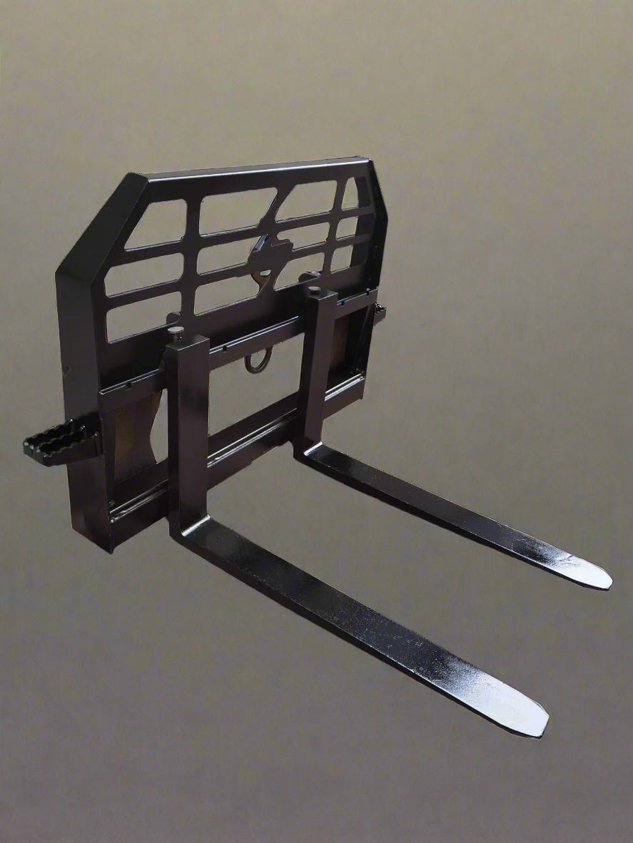 Heavy-duty skid steer pallet forks lifting a load

CNC carriage bar with quick attach mounting

Close-up of forks locked in carriage slots

Side step feature on fork frame

Variants of 48", 60", 72", and 96" forks shown on pallet
